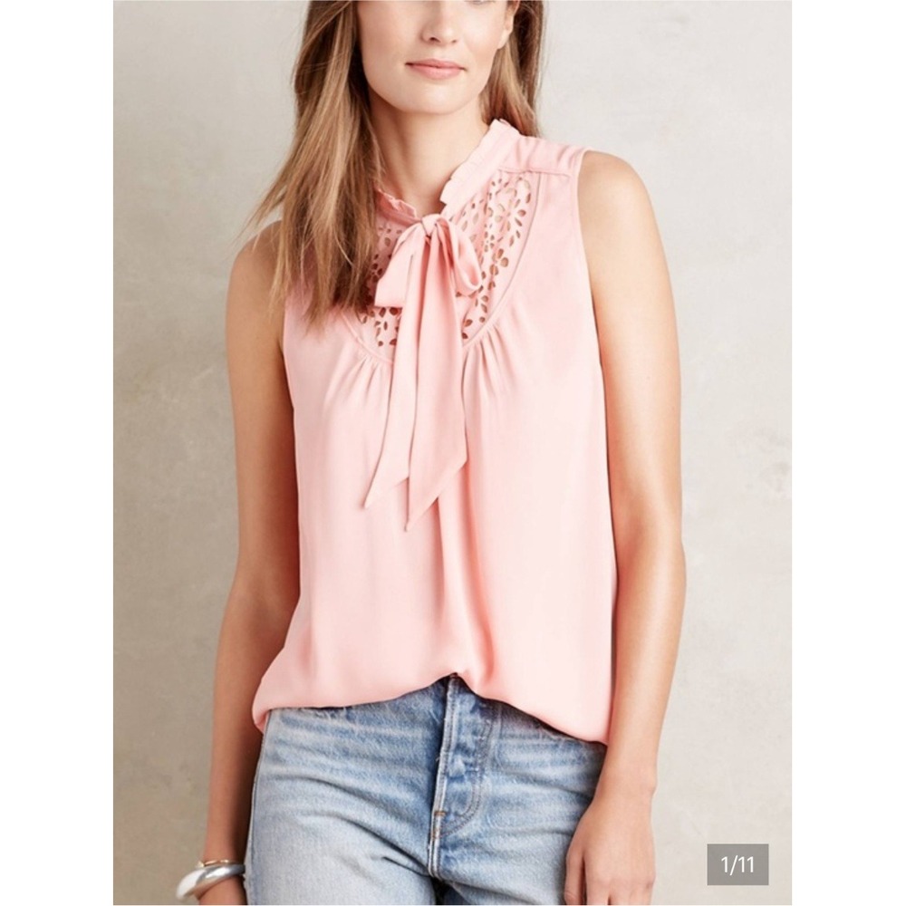 Maeve Anthropologie Peach Pink Eyelet Tie Neck Sleeveless Blouse Size 12